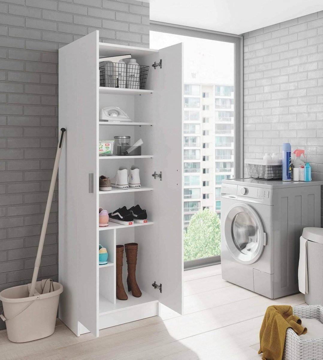 Multifunctionele Kast met Vijf Planken en Twee Deuren Wit Hoog