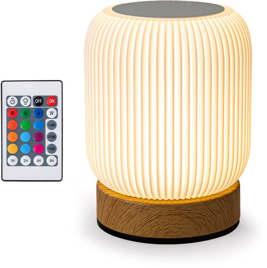 Nachtlampje - Oplaadbaar nachtlampje - Afstandsbediening - 13+ kleuren - Tijdfunctie - Wake-up Light - Sfeerlamp - Leeslamp - Tafellamp slaapkamer - Nachtlampje kinderen en volwassenen - Touch bediening - Dimbaar - Draadloos Nachtlampje Bamboe