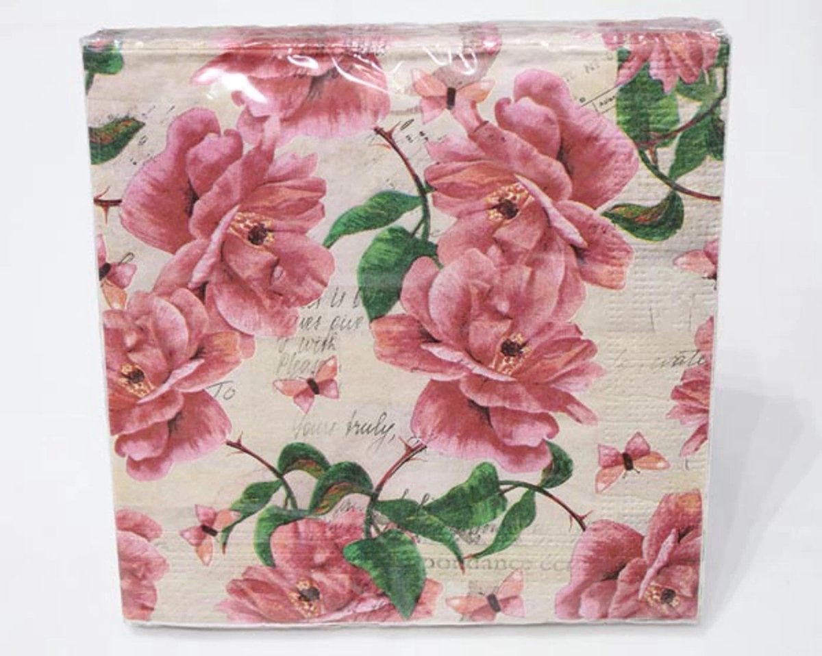 40 Servetten - Roos - Rozen - Vlinder - Tekst - Roze - Groen - Beige - 33 x 33 cm - 3-Laags - Jean Products