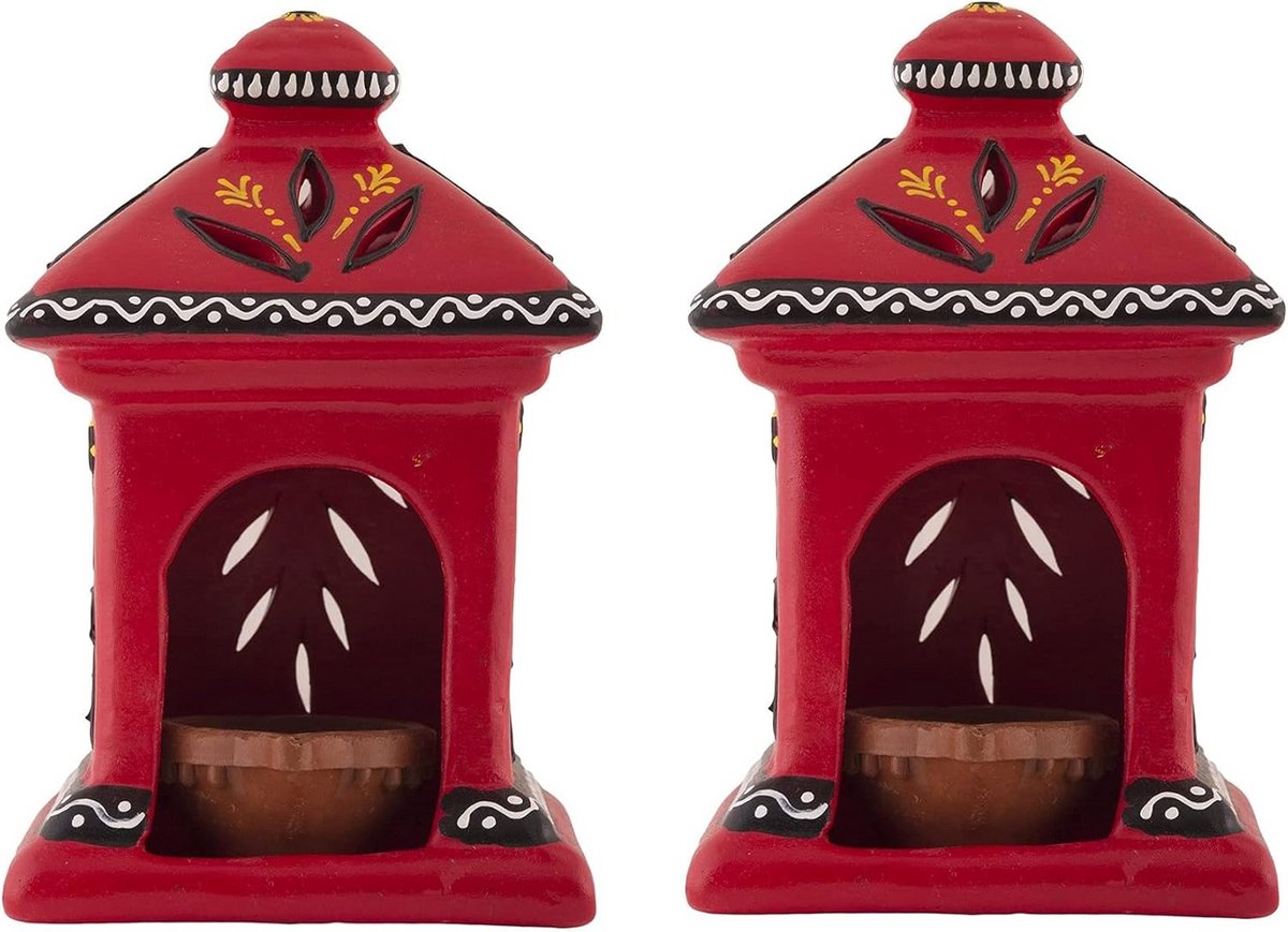 Handgemaakte Rode Kleien Hut Lampen Set van 2 voor Theelicht en Olielamp Versiering
