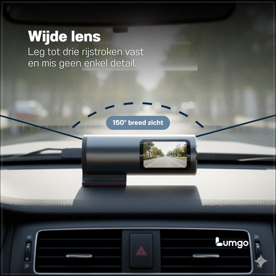 Lumgo Dashcam Voor Auto – Full HD – 150° Groothoeklens – 64GB SD Kaart Inbegrepen – Nachtzicht – App (Wi-Fi) – G-Sensor – Compact Design