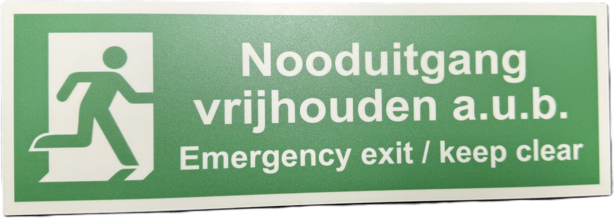 Lichtgevende sticker Nooduitgang vrijhouden a.u.b. - Emergency exit / keep clear nalichtend (glow in the dark) 30x10 cm