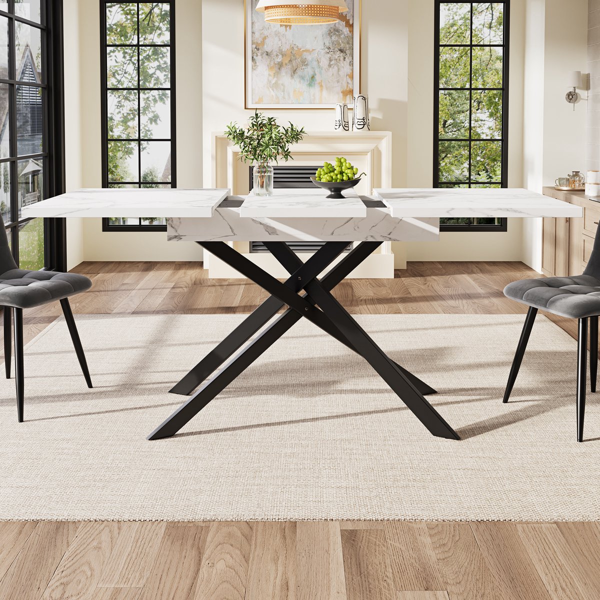 Uitschuifbare eettafel 120-160 cm - keukentafel - zwarte kruispoten - voor keuken en woonkamer - witte marmerlook eettafel