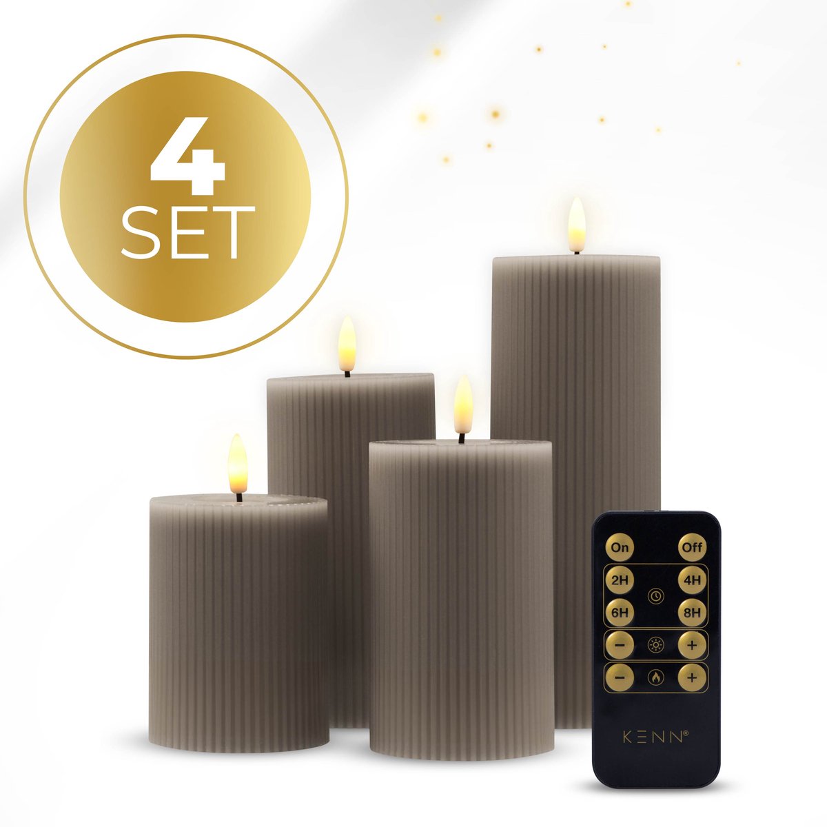 KENN Geribbelde LED Kaarsen - Taupe - Set van 4 - Met Afstandsbediening - LED Kaarsen op Batterijen (Ribbel) Taupe