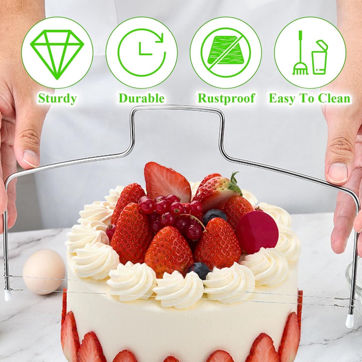 Candala Taartsnijder, 4 stuks, roestvrij staal, in hoogte verstelbaar, taartverdeler met taartzaag, bakaccessoires voor taarten met crèmeschraper, voor lagen cake, brood (32 cm)