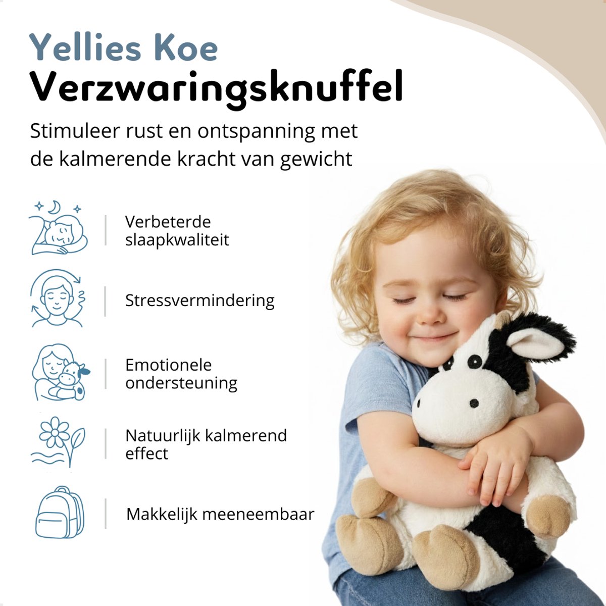 Yellies Verzwaringsknuffel Koe - Verzwaarde Knuffel - Weighted Stuffed Animal - Sensorisch Speelgoed - Zware Knuffel Anxiety - Plushie - 45cm/2kg — afbeelding 2