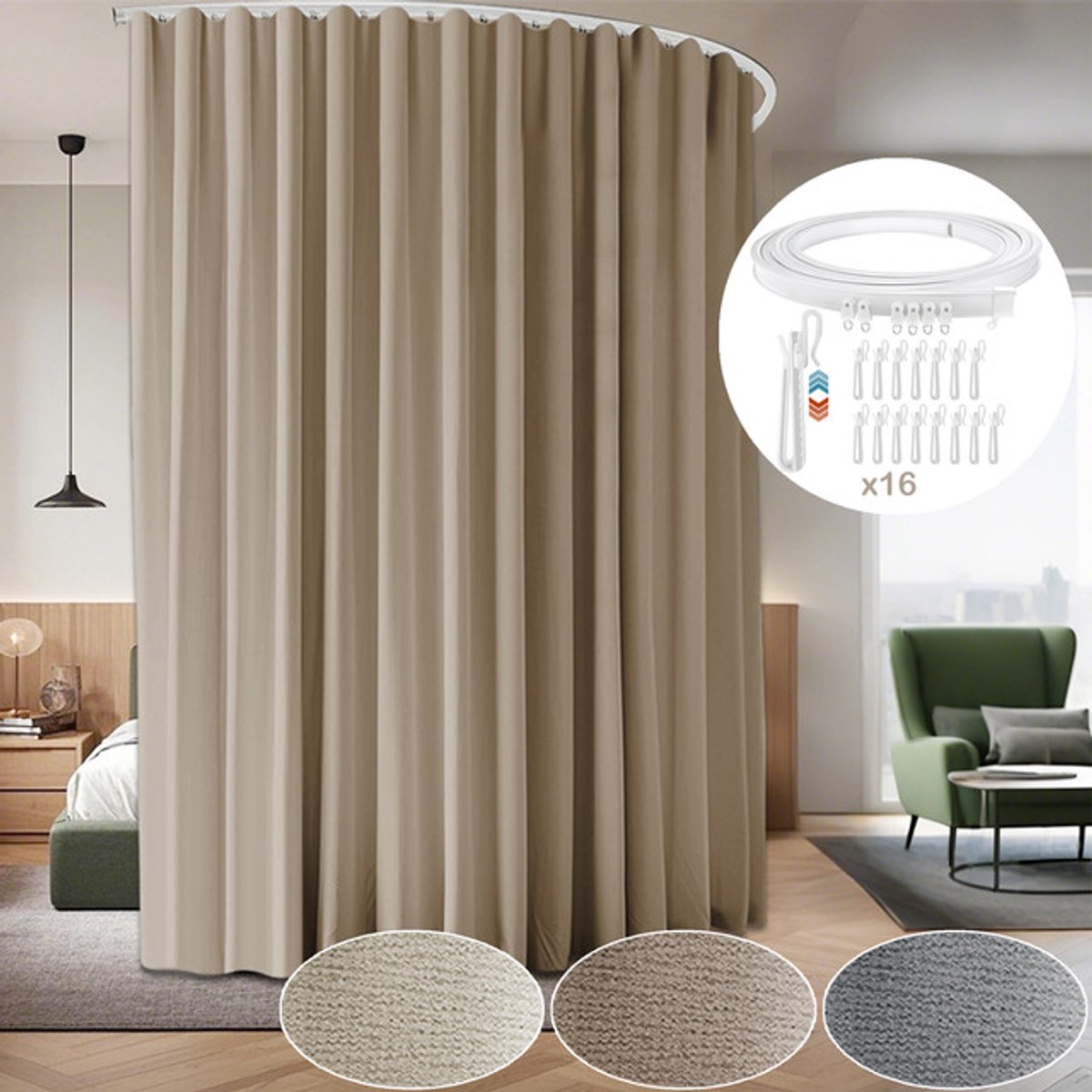 MUPOO Verduisterend Gordijn Set – Flexibele Rail, Licht-, Geluid- en Warmtewerend – Stijlvolle Kamerafscheiding voor Woonkamer & Slaapkamer – Inclusief Gratis Montageset, 1 Stuk – Khaki, 254×244 cm