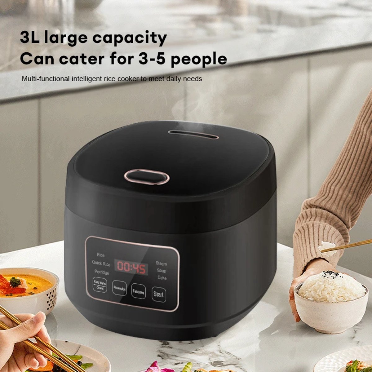 CYRO - Rijstkoker - Rijstkokers - Rijst Koker - Multicooker - 3L Capaciteit - met 8 Programma's - Snelkookpan - 220V - Zwart – foto 7