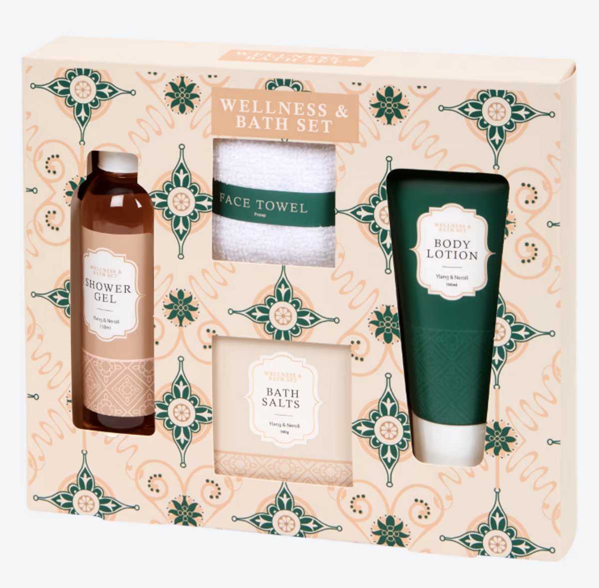Wellness & Bath – Ylang & Neroli – Inclusief Shower Gel, Body Lotion, Bath Salts en Zachte Gezichtshanddoek – Luxe Verwenpakket voor Hem & Haar