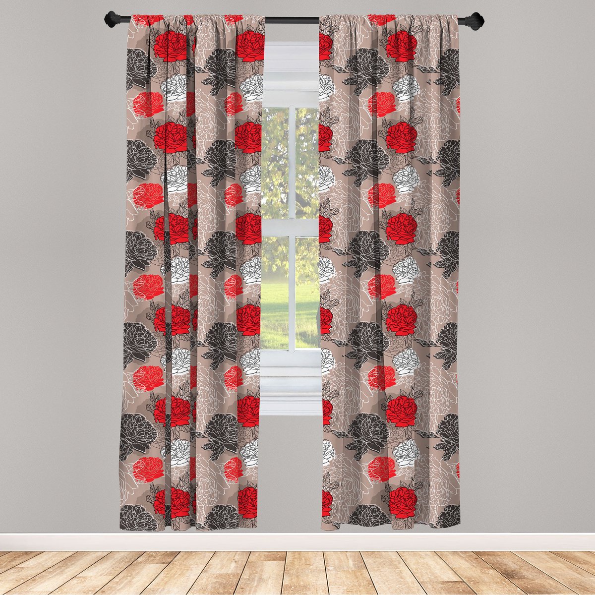 ABAKUHAUS Rood-zwart raamgordijnen – 2-delig set 75x175 cm – Microvezel, gedeeltelijk verduisterend