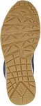 Semelle extérieure marron d'un sneaker Skechers bleu marine avec un motif triangulaire et carré.