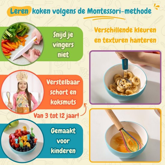 Jimadreams Montessori Keukenset Kind met Veilige Kindermes Set - Complete Kook- en Bakset met Messen, Maatlepelset en Echt Keukengerei voor Kinderen, Educatief Cadeau voor Jongens Meisjes vanaf 3 Jaar