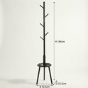 Zwarte staande kapstok met ronde tafel, met afmetingen H 184cm, B 32,5cm, D 32,5cm.