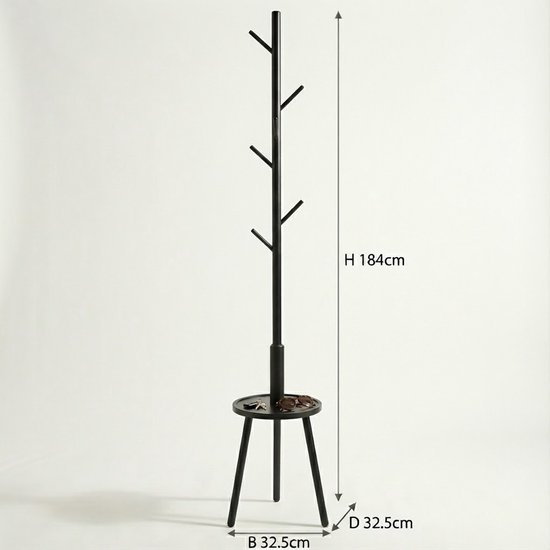 Zwarte staande kapstok met ronde tafel, met afmetingen H 184cm, B 32,5cm, D 32,5cm.