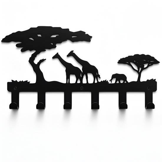 Zwarte metalen wandkapstok met safari thema: 2 giraffen, een olifant, struiken en acaciabomen.