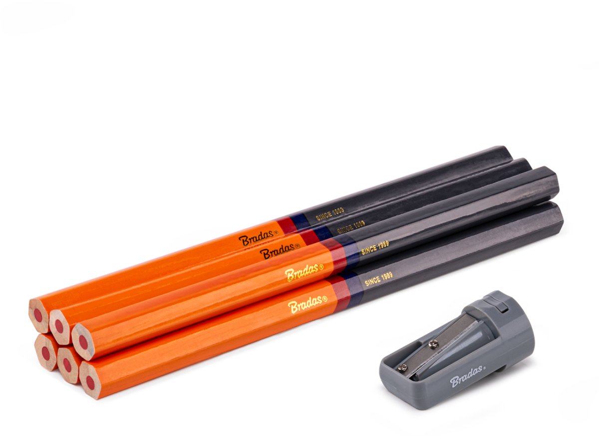 Bradas timmermanspotloodset (6 stuks) met puntenslijper 180 mm Hexagon