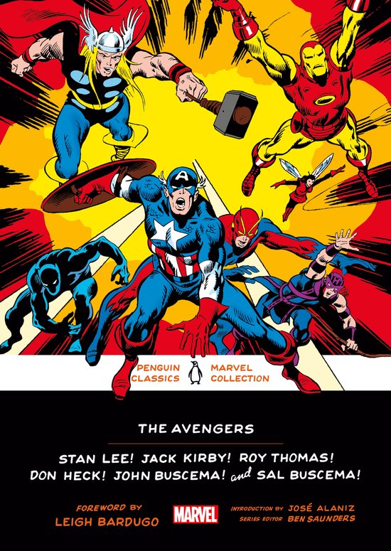 Les Avengers dans un style BD classique: Captain America, Iron Man, Thor, Hawkeye, Black Panther et Wasp sur fond rouge et jaune.