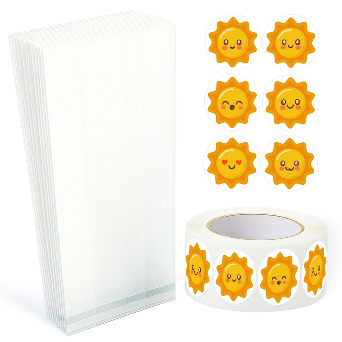 25x Uitdeelzakjes met Zon stickers | 220 x 90 mm | Traktatiezakjes | Kinderfeestje | Cellofaanzakjes | Cadeauzakjes | Snoepzakjes | Plastic Zakjes | Uitdeelzakjes kinderen | Cadeauzakjes Kinderen | Verpakkingszakjes Uitdeelcadeaus