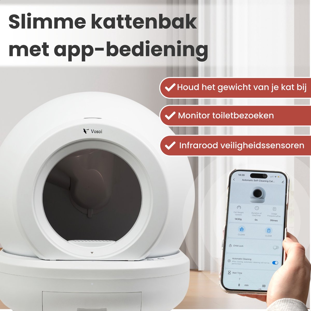 Vosoi Automatische Kattenbak - 65L Zelfreinigend met App thumbnail 6
