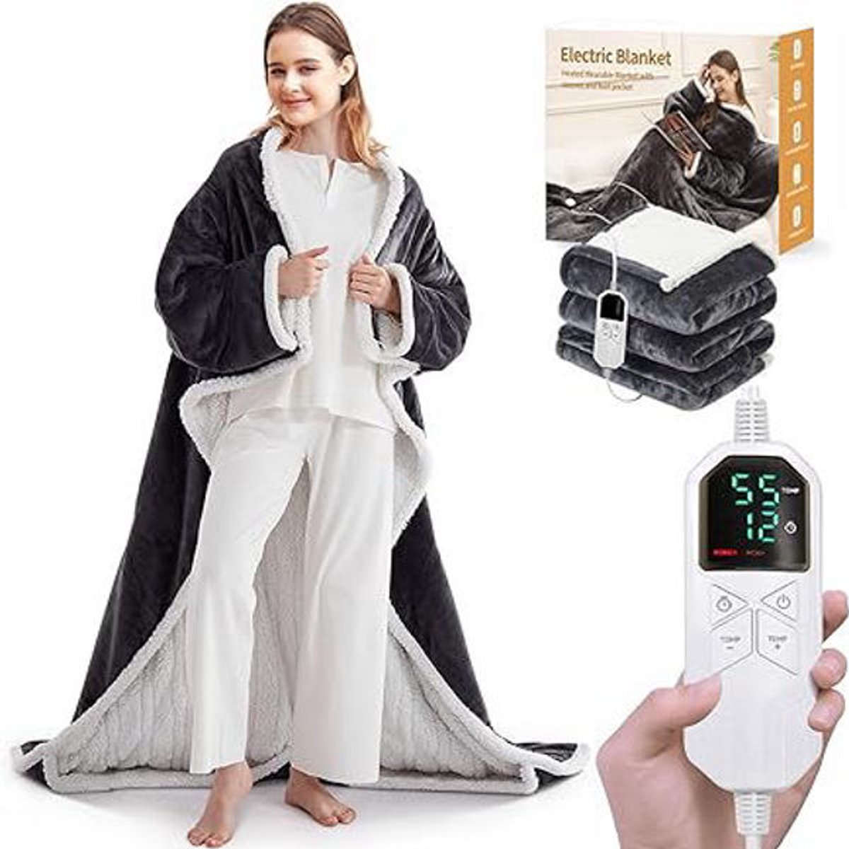 Elektrische Deken met Mouwen en Voetenzak – 130×180 cm – 10 Warmtestanden – Timer tot 12 Uur – Wasbaar Flanel – Draagbare Warmtedeken voor Thuis