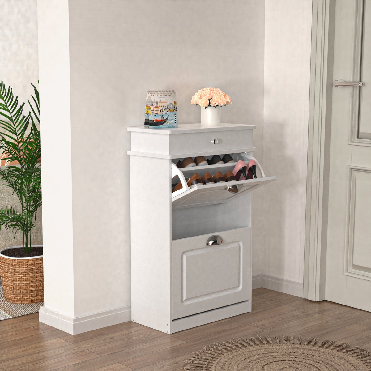 PIPIPOXER- Schoenenkast met 2 kleppen - Schoenenbank - Schoenenrek -53x22x85cm, Wit