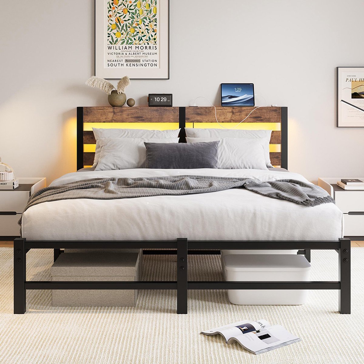KOMHTOM BLACKCOLORS 140x200 met ledverlichting, ledverlichting en USB-oplaadstation, metalen bed met metalen frame, bedframe zonder matras, bedframe met opbergruimte onder de matras Zwart+Bruin