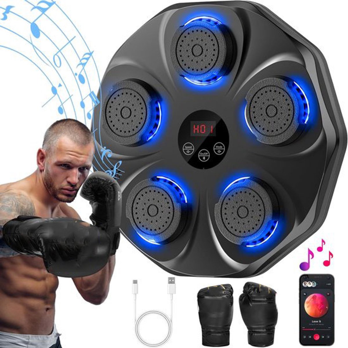Boxing machine - Boksmachine met muziek - Oplaadbaar slim muziekboksapparaat - Wandgemonteerde bokstrainer - LED-verlichting - Bluetooth-ondersteuning - 9 snelheidsstanden - 9 trainingsstanden - Telmodus - Vakantiecadeaus