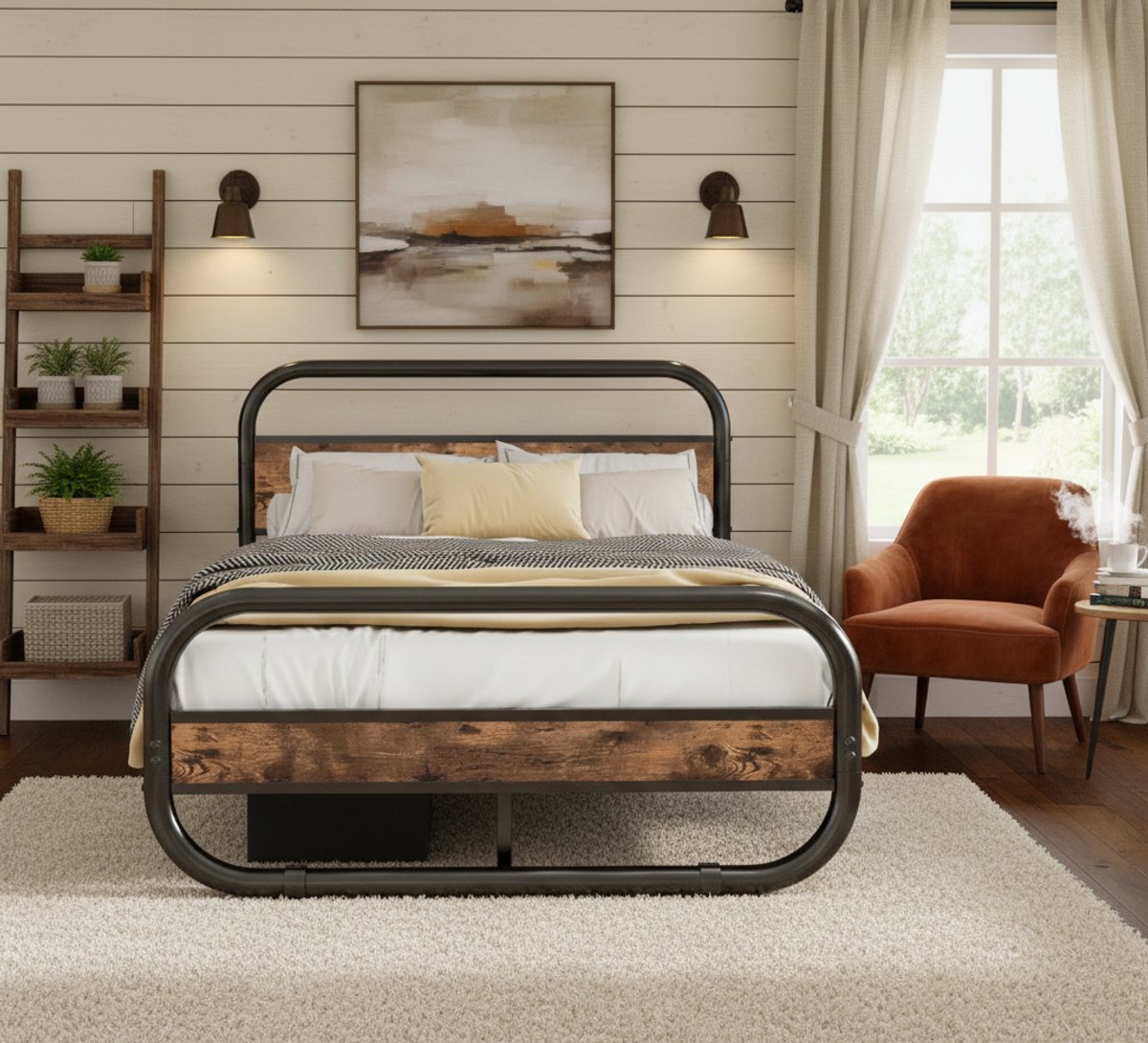 Bedframe 120x200 – Industrieel Metalen Bed met Houten Hoofdbord, Stabiel & Geluidloos, Met Opbergruimte Onder Bed, Inclusief Lattenbodem – Vintage Bruin/Zwart – House&Garden