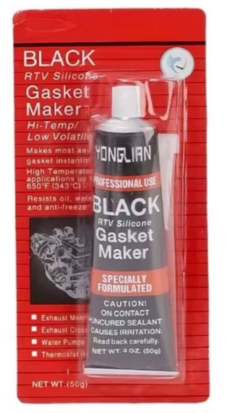 Zwarte RTV siliconen pakkingmaker in verpakking met rode en zwarte opdruk. "BLACK Gasket Maker".