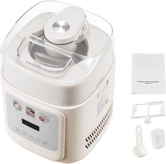 Automatische IJsmachine - Met Ingebouwde Compressor - 1 Liter Inhoud - Zonder Voorvriezen - 4 Programma's - Gelato/Roomijs/Sorbet/Frozen Yoghurt - Wit