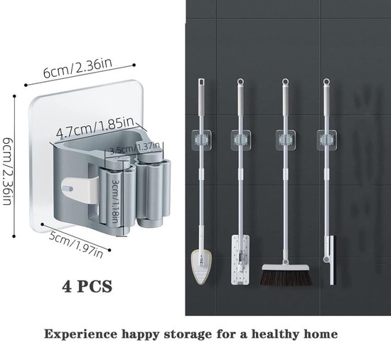 4-stuks dweilhouders - Bezemhouders - Opbergclip voor dweil - Zelfklevend ophangrek - Ophangsysteem - Verstelbaar wandrek - Geschikt voor badkamers, keukens en tuinen (6*5 cm - Grijs) — afbeelding 2