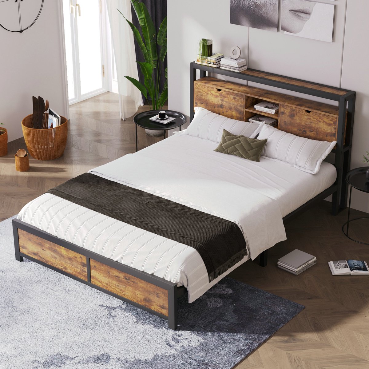 VVBV Metalen Twijfelaarbedden 140x200 cm - Bed Met Opbergruimte Hoofdeinde - Stevig Metaal - Natuurlijk (Geen Matras)
