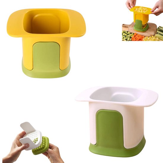 Gele en groene groentesnijder en een witte en groene variant. Een hands-on afbeelding toont een groen snij-inzetstuk.