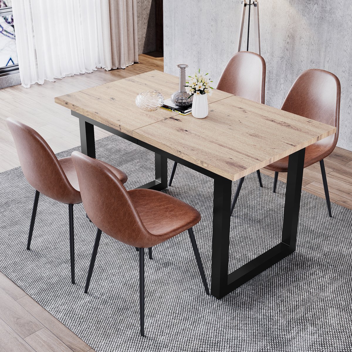 HAUSS SPOLE Eettafel - Uitschuifbare Industriële Eettafel Met Eikenlook MDF - Stalen Frame En Verstelbare Poten - 140/180x80x75 cm - Zwart/Naturel Natuurlijk
