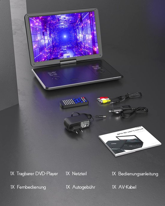 17,5'‘ Draagbare DVD Speler Auto met 15,6’' draaibaar HD-scherm, 6 uur batterijduur, ondersteunt meerdere formaten/SD/USB, tv/projector-synchronisatie, schokbestendig & opslagfunctie, stereoluidsprekers van Boifun — afbeelding 5