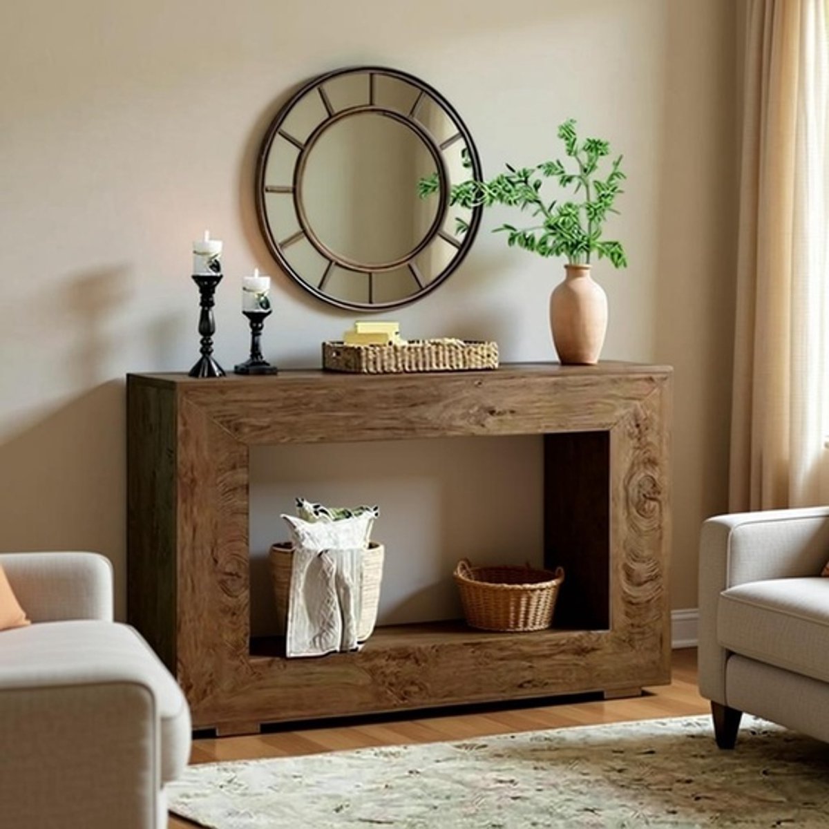 Industriële Farmhouse Console Tafel met Opbergruimte – Smalle Houten Tafel voor Hal, Woonkamer en Entree – Wood Grain – House&Garden