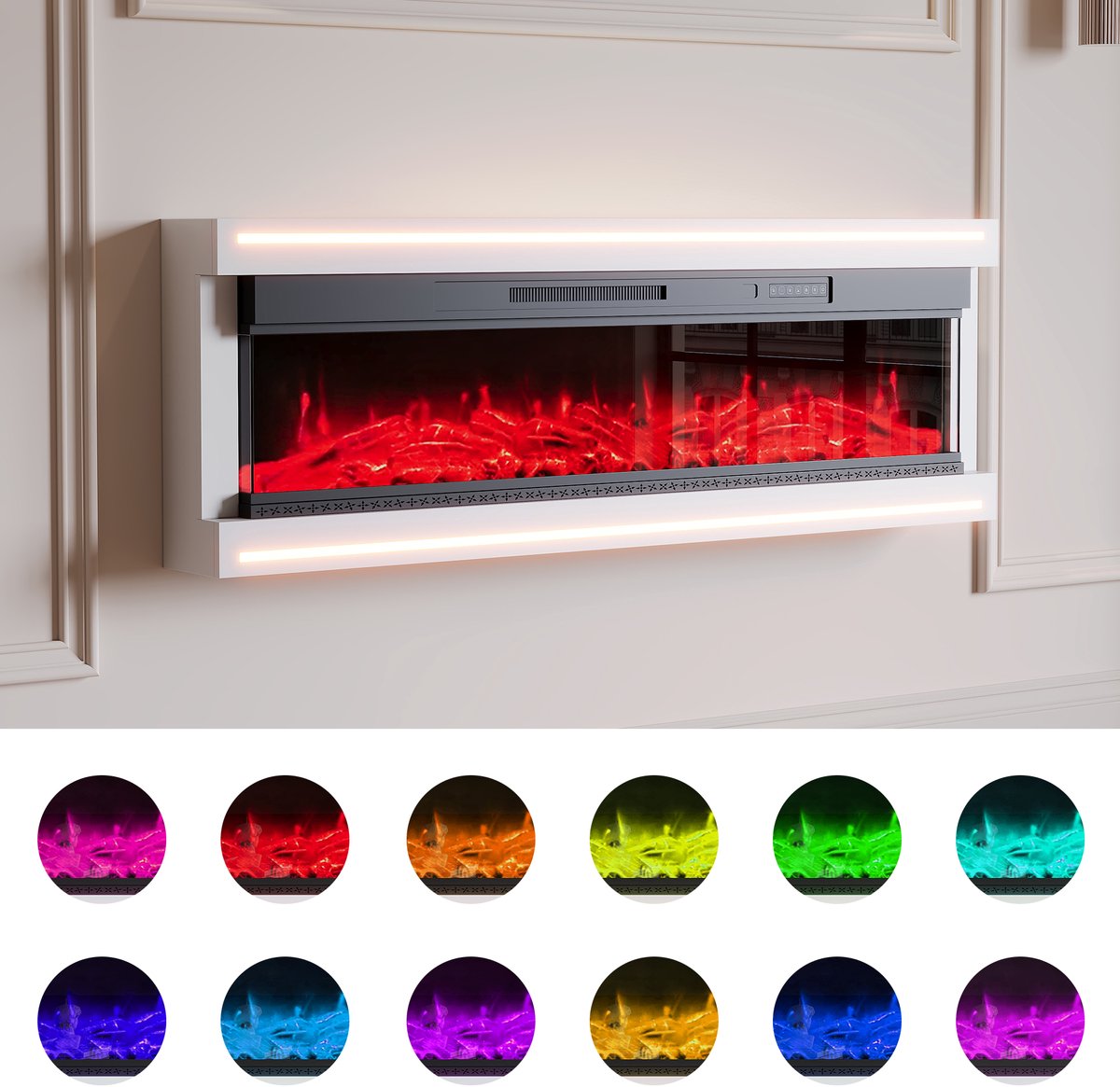 50-inch Wandgemonteerde Elektrische Kachel – 3D LED Vlam Effect (12 Kleuren), 1500W Verwarming, RGB Ambianceverlichting & Afstandsbediening (Wit)