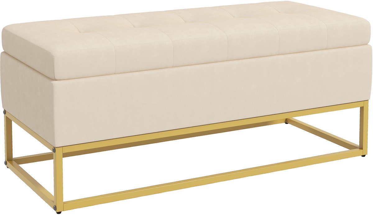 Opbergbank 110 x 44 x 49 cm - Gestoffeerde Zitbank Met Klapdeksel - Stalen Poten - Fluweel - Beige