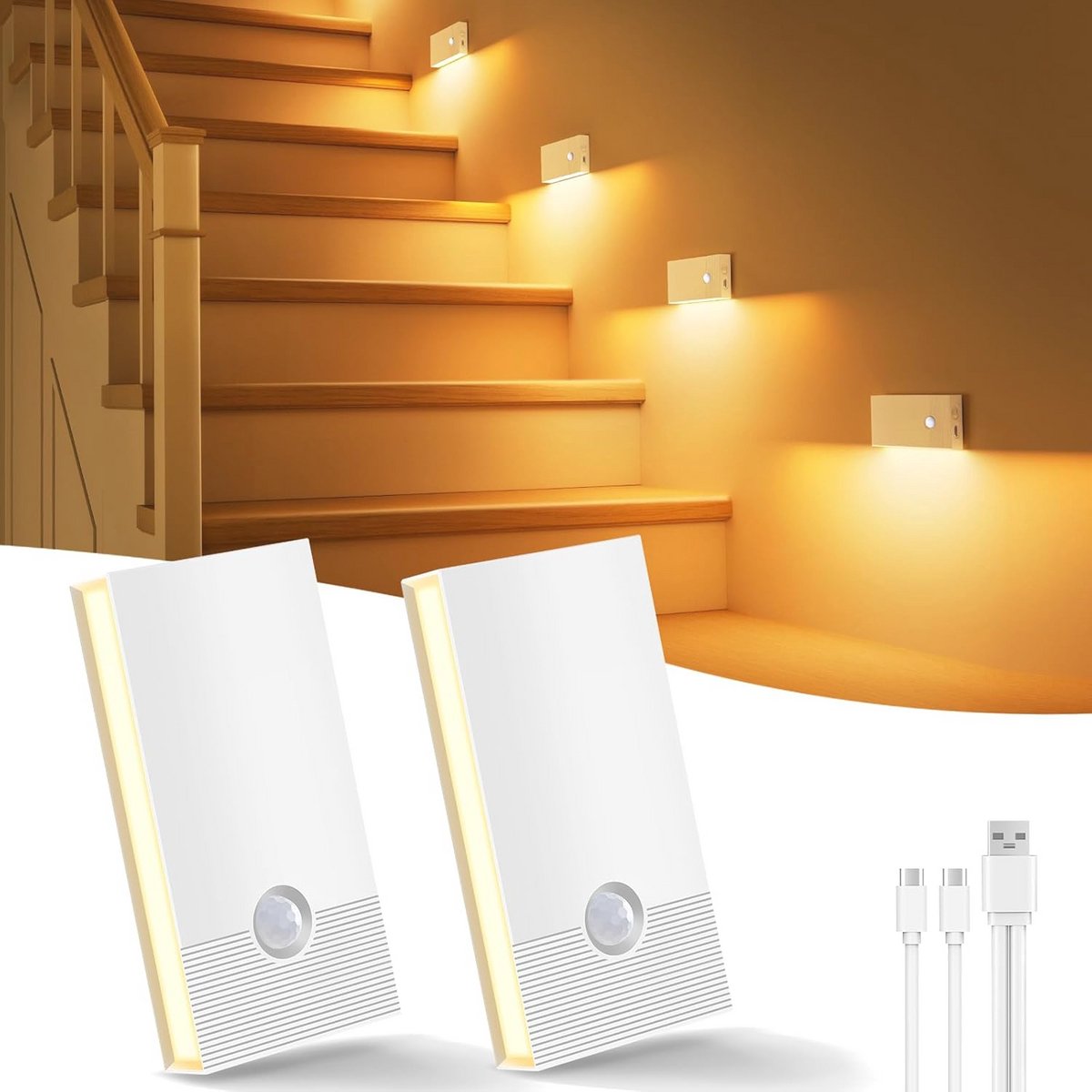 Oplaadbaar Nachtlampje met Bewegingssensor - 2 Stuks - LED met 3 Modi voor Trappen, Hal, Badkamer, Keuken & Kinderkamer - Wit