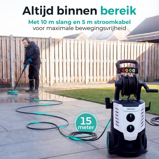 VENTRA® Hogedrukreiniger - 2200W - 170 Bar - 450 l/h - 10m Slang - Slanghaspel - Terrasreiniger - Geïntegreerde Zeeptank - Inclusief Gehoorbescherming en Werkhandschoenen van Merkloos	 — afbeelding 2