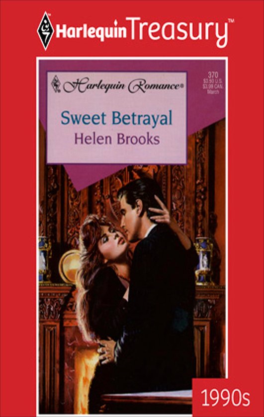 Boekomslag: 'Sweet Betrayal' van Helen Brooks, Harlequin Romance. Paar omhelst elkaar voor open haard. 1990s.