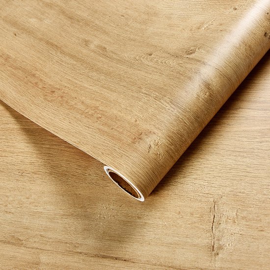 Rouleau de papier peint aspect bois clair.