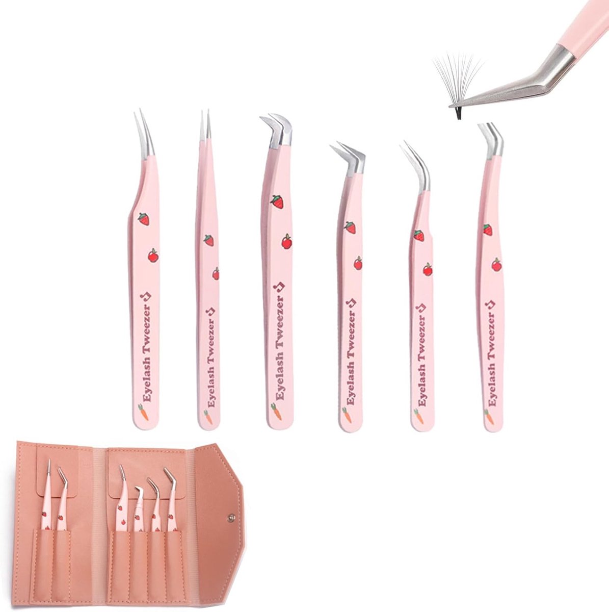 Wimperpincet - 6 stuks - precisie pincet - wimper pincet - RVS - Inclusief opbergtas - wimper pincetten - Precisie - Aardbeienpatroon - Geschikt voor wimperextensions Nepwimpers - eyelash tweezer set - roze