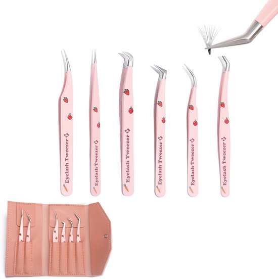Set van 6 roze wimperpincetten met aardbeienpatroon en een opvouwbaar roze etui.