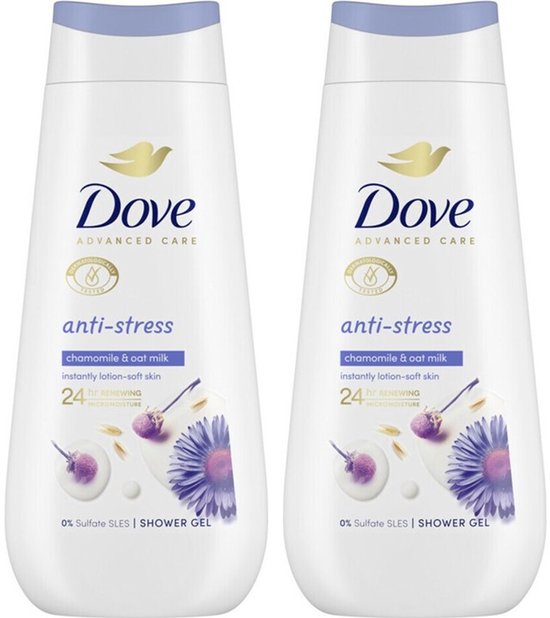 Twee witte flessen Dove Anti-Stress douchecrème met blauwe dop en tekst.