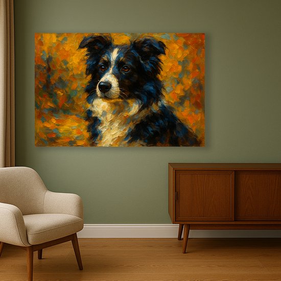 Een schilderij van een Border Collie met zwarte, witte en bruine vacht, tegen een oranje, gele en blauwe achtergrond, boven een beige fauteuil.