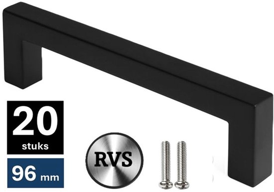 Poignée noire en acier inoxydable de 96 mm avec deux vis. '20 pièces' et '96 mm' sont visibles.