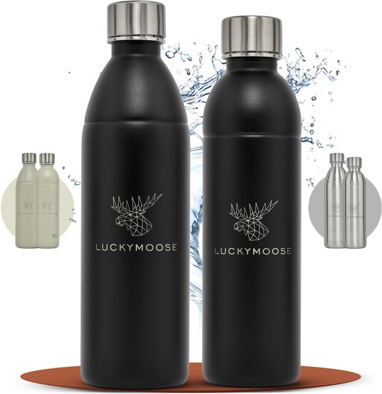 Luckymoose RVS Drinkfles Infinity - Set van 2 0,75L & 1,1L - Geschikt voor SodaStream Bruiswatertoestel - Waterfles voor Bruiswater Machine - Zwart