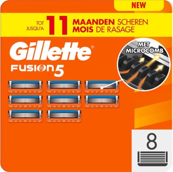 Doos met 8 Gillette Fusion5 scheermesjes. Oranje verpakking met de tekst '11 maanden scheren'.