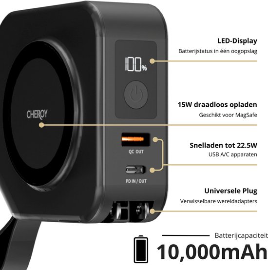 Zwarte Cheroy ChargePack Multi powerbank met 100% batterij-indicator, USB-A/C poorten en verwisselbare wereldadapters.